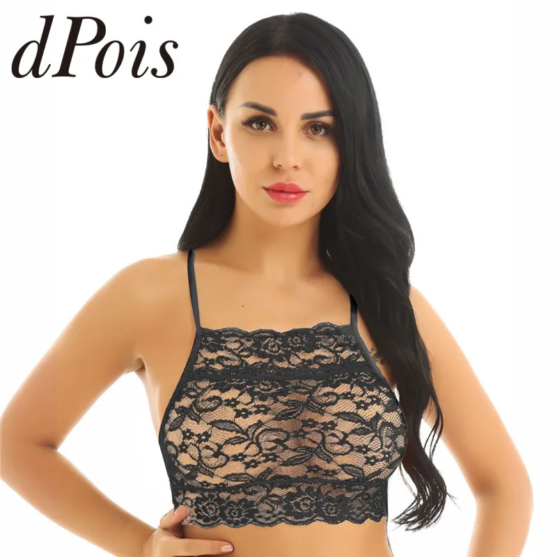 

Womens Sexy Lace Crop Tank Tops Lingerie Spaghetti Straps Femme Vest Top See Through Floral Lace Cut Out Back Cropped Top Female