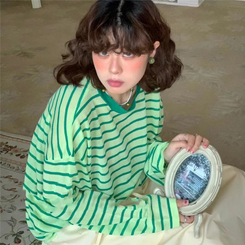 

Candy Color Thin Striped T-shirt for Women 2021 New Youth Age-Reducing Bright Color Style Loose Long Sleeve T-shirtRachel