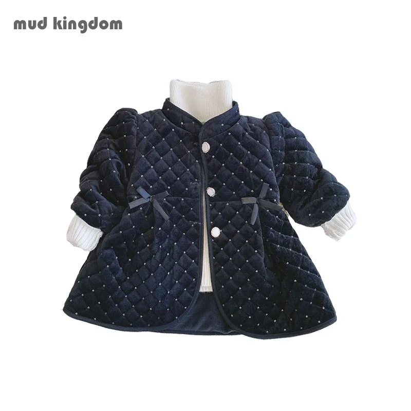 

Mudkingdom Little Girls Soild Coat V-Neck Puff Sleeve Button Bow Waist Tightening Winter Coat for Girl Daily Warm Cute Outerwear
