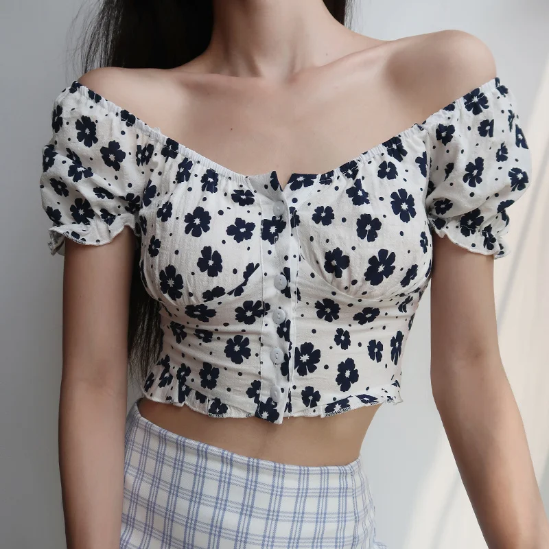 

TVVOVVIN Women Button Up Blouse With Puff Sleeve In White Shirred Back Floral Print Tops Hot Sexy Korean Top OYTH