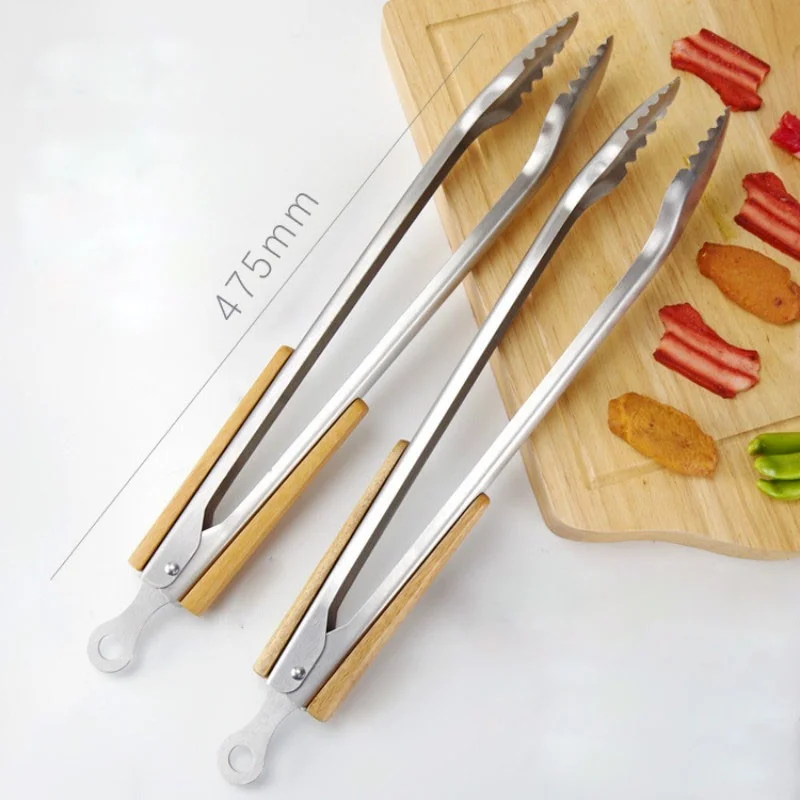 

Stainless Steel BBQ Tongs Kitchen Heat Resistant Wood Handle Larger Tong Kitchen Outdoor Tools BBQ Clips Barbecue Clip Clamp