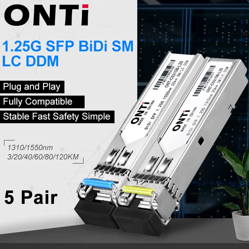 

ONTi 5 пар 3 км/20 км гигабитный SM BIDI WDM SFP модуль LC разъем оптический трансивер, совместимый с коммутатором Cisco Fibra Ethernet