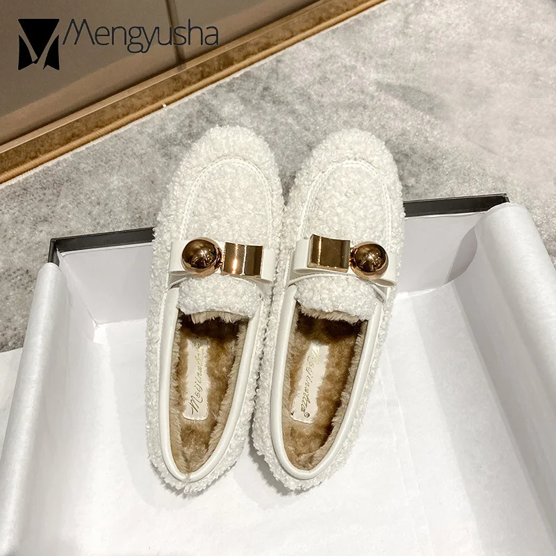 Женские кожаные плюшевые мокасины на плоской подошве с круглым и квадратным