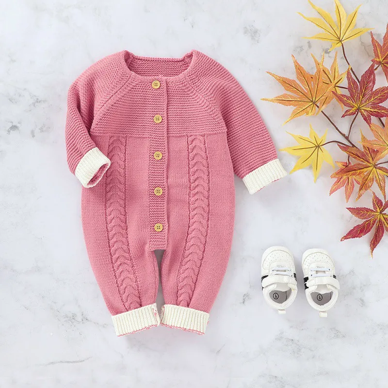 

Newborn Baby Girl Boy Solid Color Bodysuit 0-18M Romper Knitted Long Sleeve Jumpsuit Warm Autumn Costumes Set Hot Sale