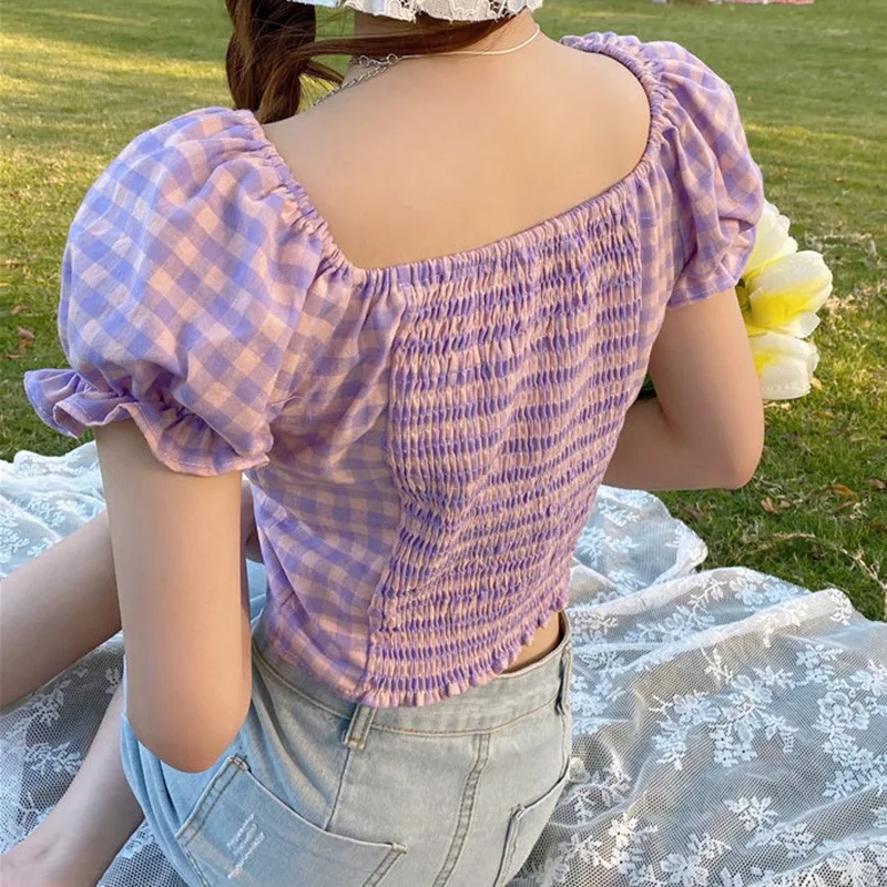 

oioninos Women's Simple Plaid Print Square Collar Puff Sleeve Short Blouse