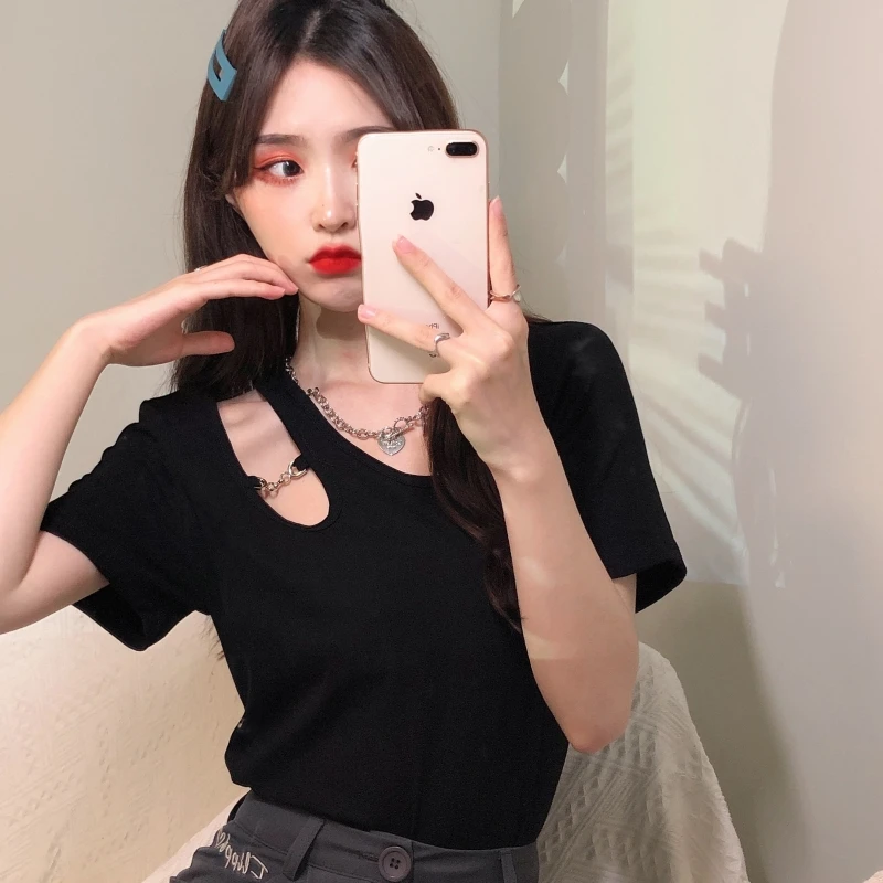 

YTX1556 Off-shoulder short-sleeved T-shirt women's summer design sense niche chain was thin and short