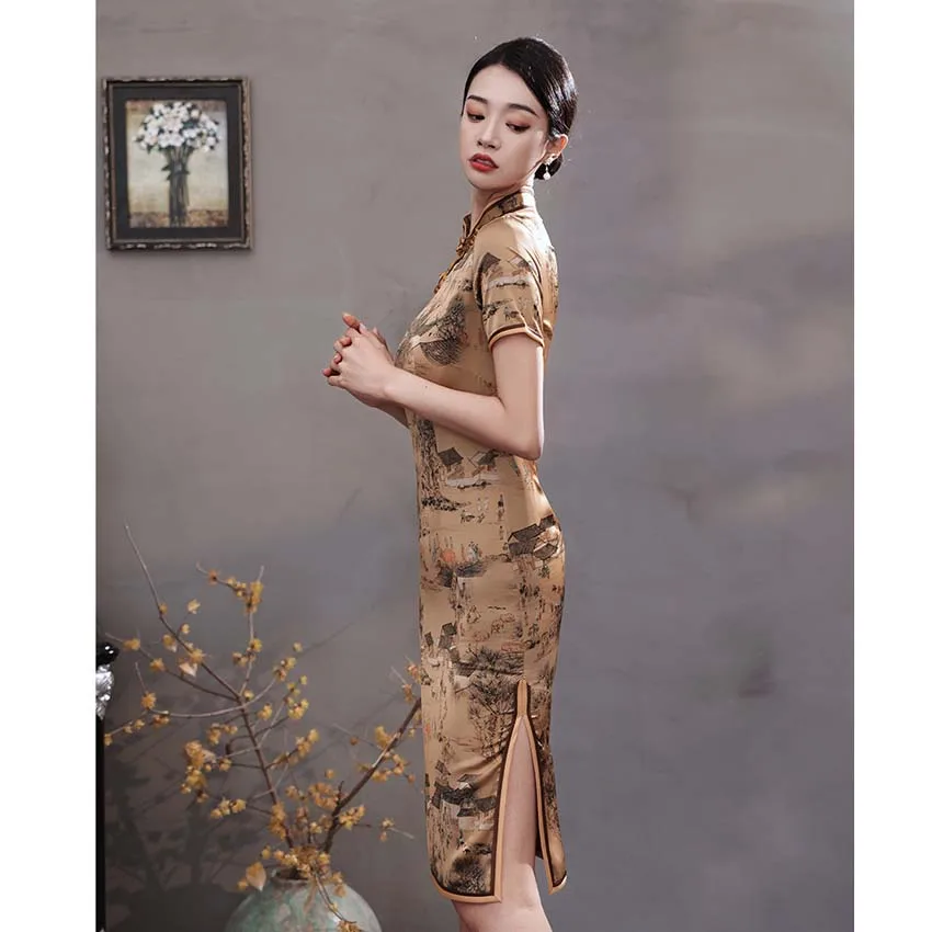 

New Retro Improved Qipao Traditional Chinese Clothes Women Embroidery Cheongsam Short Sleeves Elegant Floral Print Split Dresses