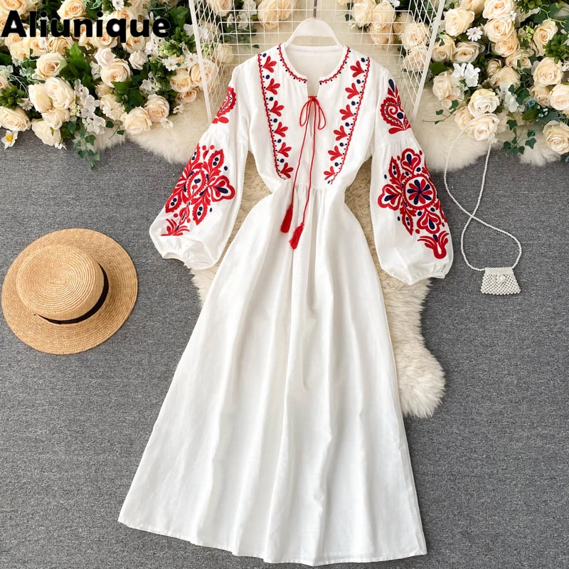 

Aliunique New Embroidered Flower O-Neck Lantern Sleeve Dresses For Women 2021 Trendy Bohemian Autumn High Waist Pleated Dresses