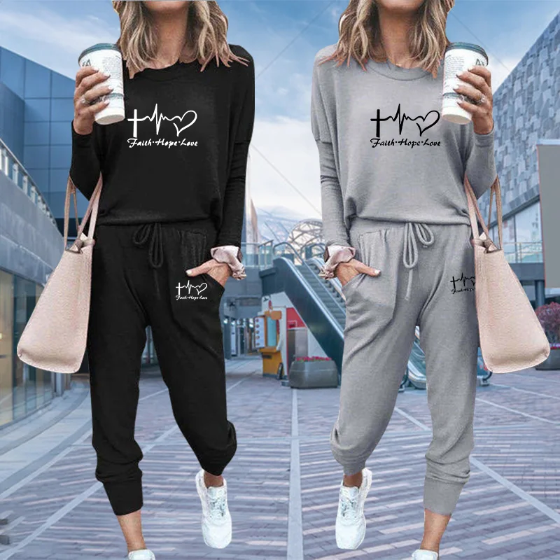 Spring Autumn Women Outfits Suits Solid Color Two Piece Set Casual Long Sleeve O-Neck Pullovers Top and Sweatpants Tracksuit