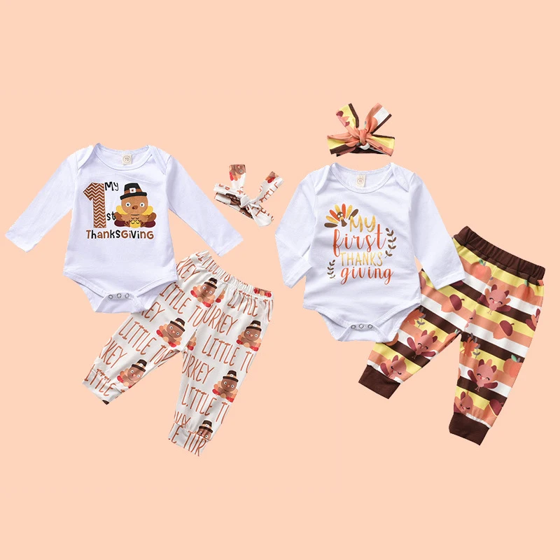 

2021 New Baby Boys Girls Thanksgiving Outfits Cartoon Turkey Letter Print Infant Long Sleeve Rompers Pants 3 Pieces Set 0-24M