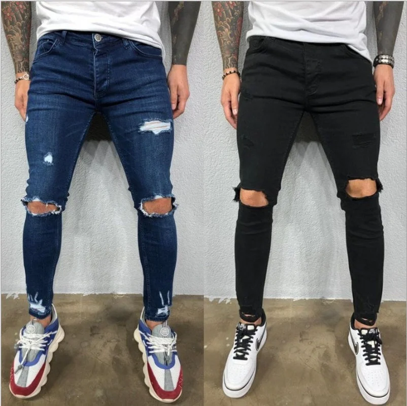 Fashion Men Jeans Autumn Pierced Elastic  Ripped Jeans for Men Trend Hole Pencil Pants Solid Color Denim Pants Boyfriend Jeans