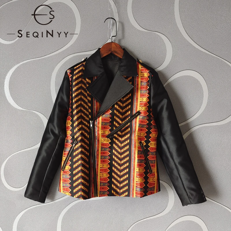 

SEQINYY Twill Black Jacket Spring Summer New Fashion Design Women Runway Vintage Orange Print High Quality Top