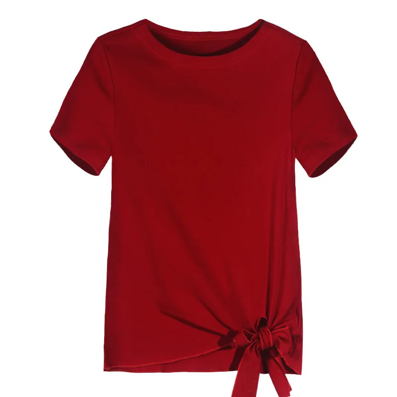 

Short-sleeved T-shirt Women 2021 Summer New Fashion Solid Color Cotton Tops Slash Neck Bow Women Casual tshirt