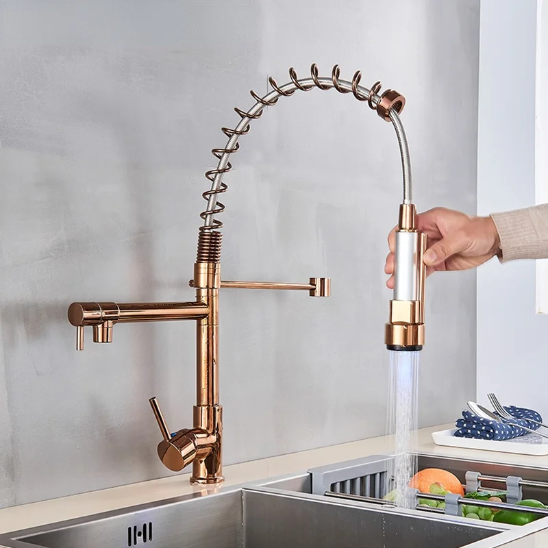 

LED Light Kitchen Faucet Rose Gold Pull out Side Sprayer Spring 360 Rotation Dual Swivel Spout Crane Hot Cold Water Mixer Taps