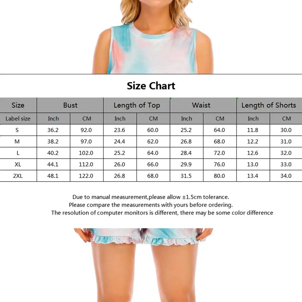

Womens Tie Dye Printed Ruffle Short Lounge 2 Pieces Pajamas Suit Length Sleeveless Straight Pants