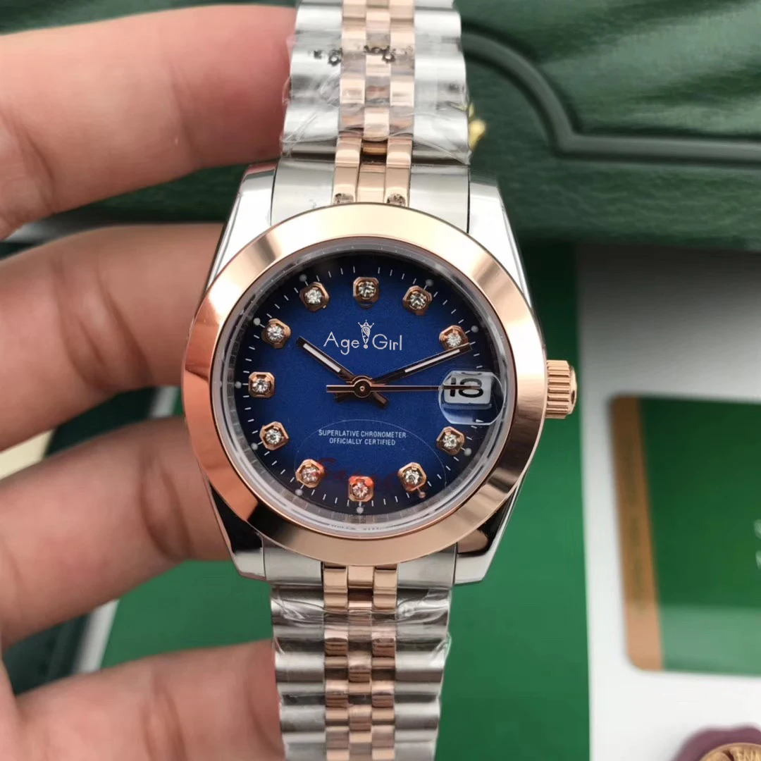 

Classic Stainless Steel Sapphire Watch Women Lady Smooth Bezel Automatic Mechanical Diamond Rose Gold Black Datejust 31mm