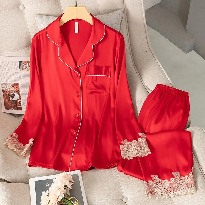 

Spring Yellow Pajamas Set Women Satin Sleep Set Long Sleeve Trouser Suits Casual Shirt&Pants Female Loose Home Clothing