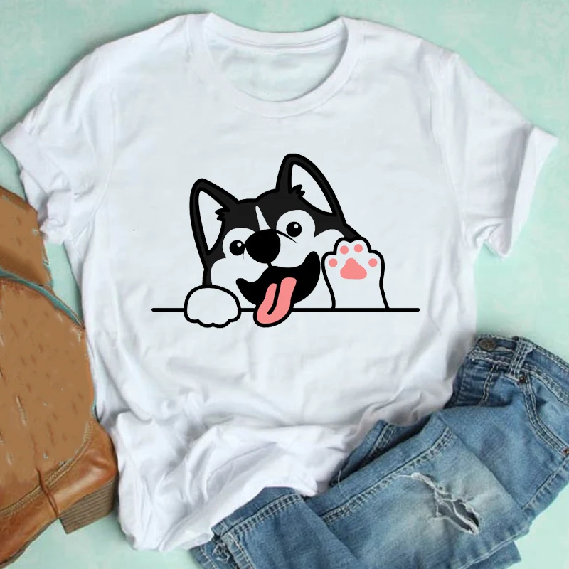

Women Short Sleeve Cartoon Dog Watercolor Animal Kawaii Spring Summer 90s Clothes Print Tshirt Female Tee Top Graphic T-shirt
