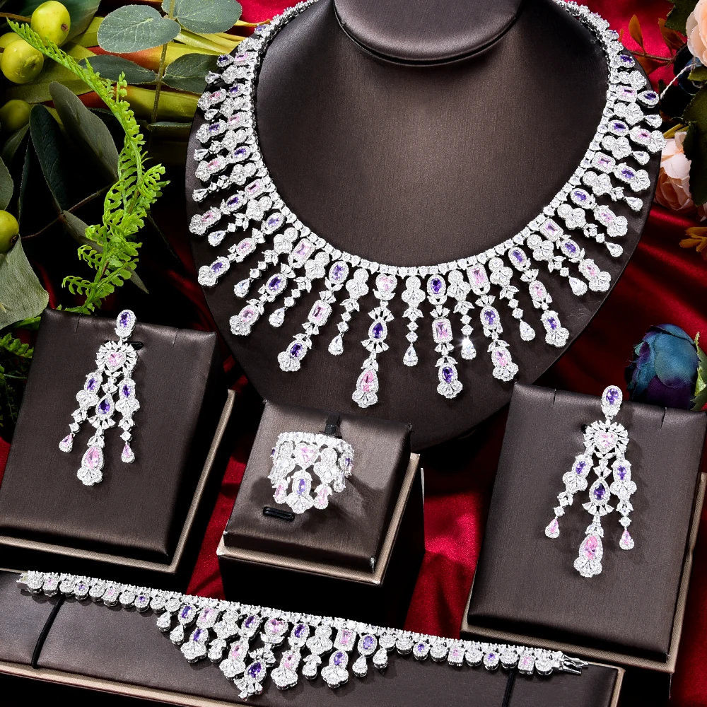 

missvikki Luxury Green 4PCS Necklace Bracelet Earrings Ring Sets for Women Wedding Naija Bridal Cubic Zirconia Dubai Jewelry Set