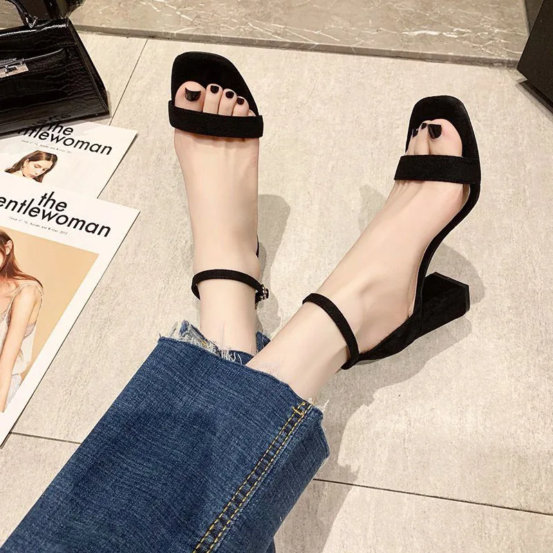 

Block Heels Velvet Shoes All-Match Luxury Sandals Suit Female Beige Espadrilles Platform 2021 Women's Buckle Strap Chunky Suede