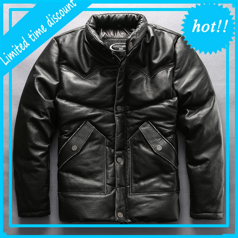 2020 мужское черное байкерское теплое пуховое пальто из коровьей кожи куртка