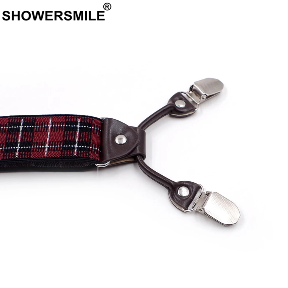 SHOWERSMILE мужские подтяжки для брюк в британском стиле красные подтяжки в клетку 6 Клипов жаккардовые деловые формальные эластичные кожаные мужские брюки