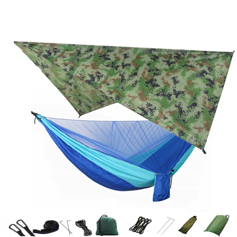 Camouflage-lightblue Дождевой мух брезент и Кемпинг гамак с москитной сеткой портативный гамак навес легкий нейлон гамаки для пеших прогулок, альпинизма - Цвет: Camouflage-lightblue