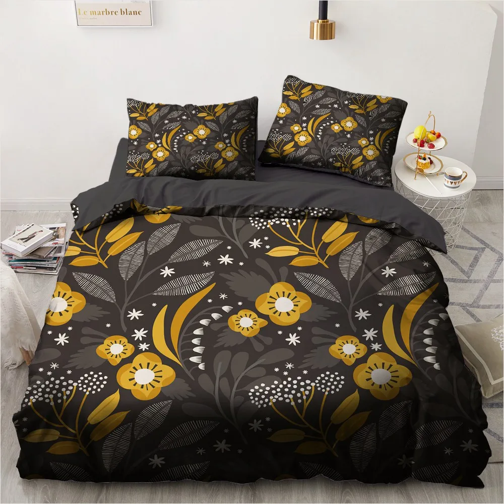 

3D Black Bed Linen Duvet Cover Sets Quilt Covers Pillowcase Bedding Sets King Queen Full Nordic Flower Yellow Bedclothes