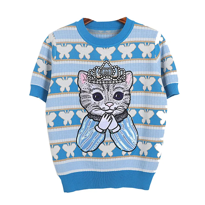 

She Beaty Knitted Pullvoers Women O-Neck Short Sleeve Embroidery Cat Korean Fashion Lovely Traf Sweater Jumper Streetwear Top Za