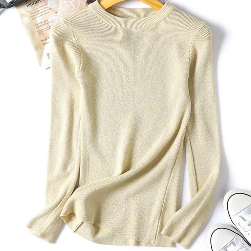 

Fashion Solid Color Shiny Women Sweater Pullover O-Neck Basic Skinny Knitted Top