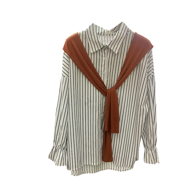 

Early Spring 2021 Korean Dongdaemun Fashion Striped Stitching Shawl Fake Two Pieces Shirts Loose Top Casual Women's Clothing