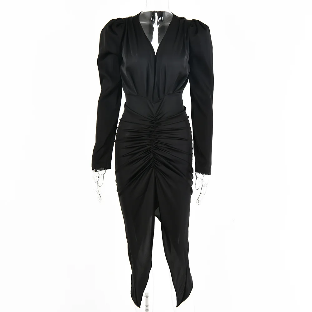

2022 Satin Ruched Womne Puff Long Sleeve Midi Dress Slit V Neck Hollow Out Bodycon Sexy Party Elegant 2022 Summer Clothes