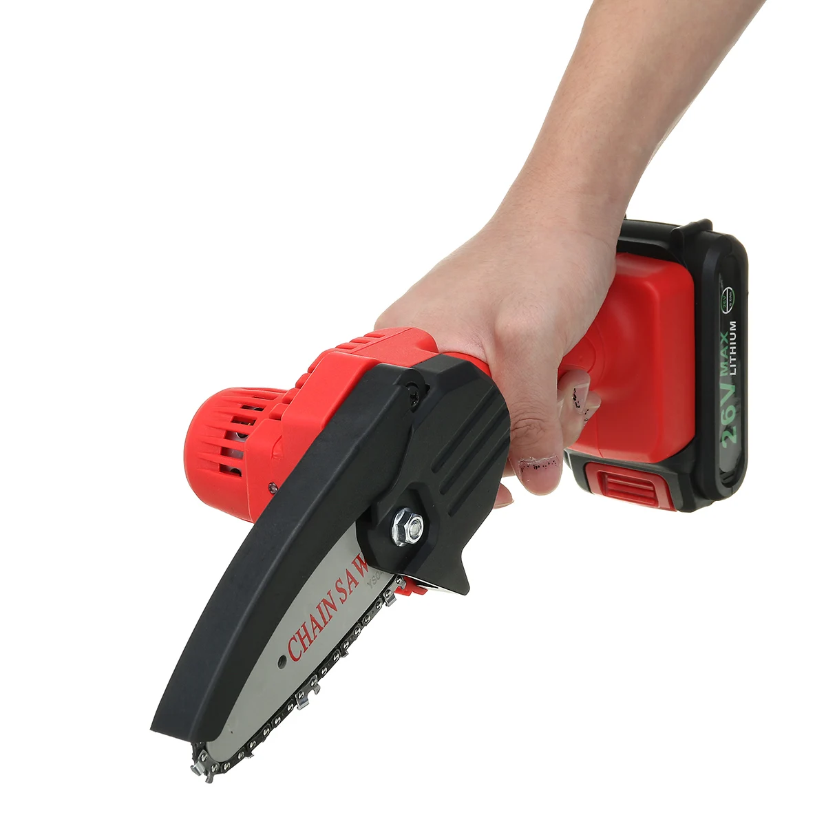 

Doersupp 26V Electric Saw Chainsaw Mini Portable One-Hand Saw Wood Cutters Bracket Brushless Motor with 2 Batteries