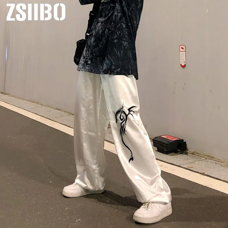 Женские брюки с принтом дракона белые спортивные штаны высокой талией и