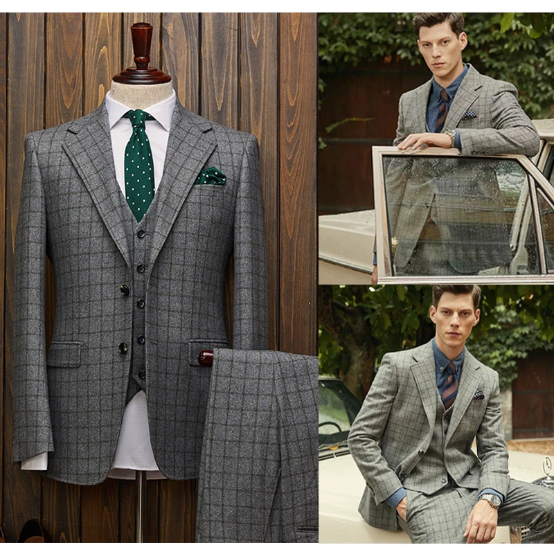 

Mens Blazers Damier Check Groom Tuxedos Two-Button Groomsmen Custom Made Best Man Suit Bridegroom 3 Pcs Suit (Jacket+Vest+Pants)