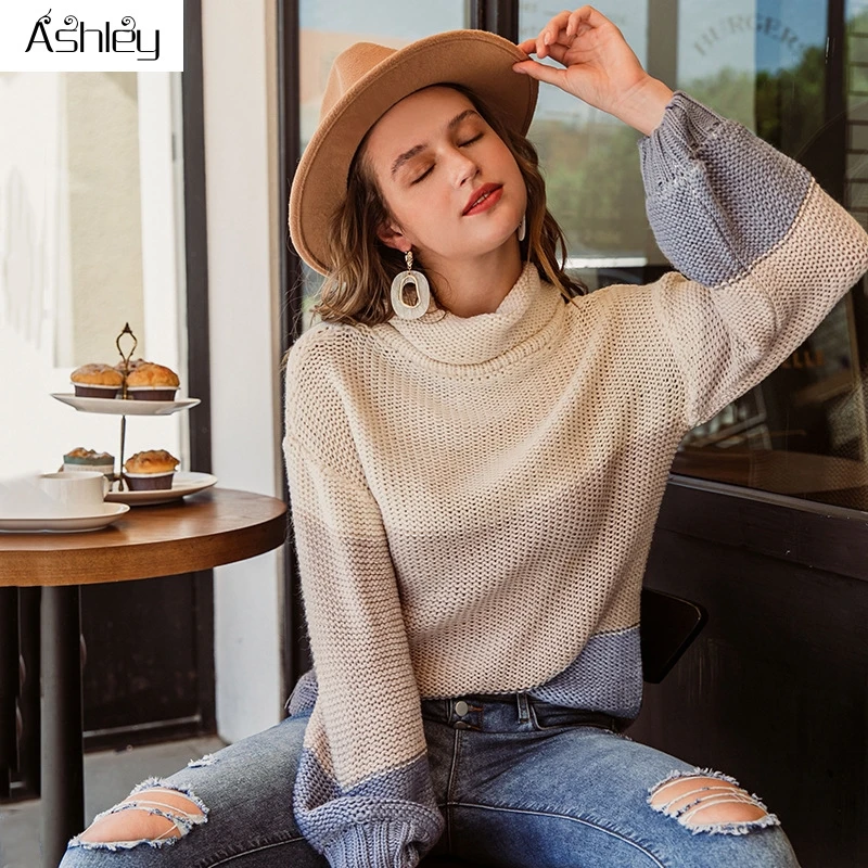 

Ashley Casual contrast colour loose women sweater Pile-neck lantern sleeves pullover ladies Elegant autumn winter warm jumper