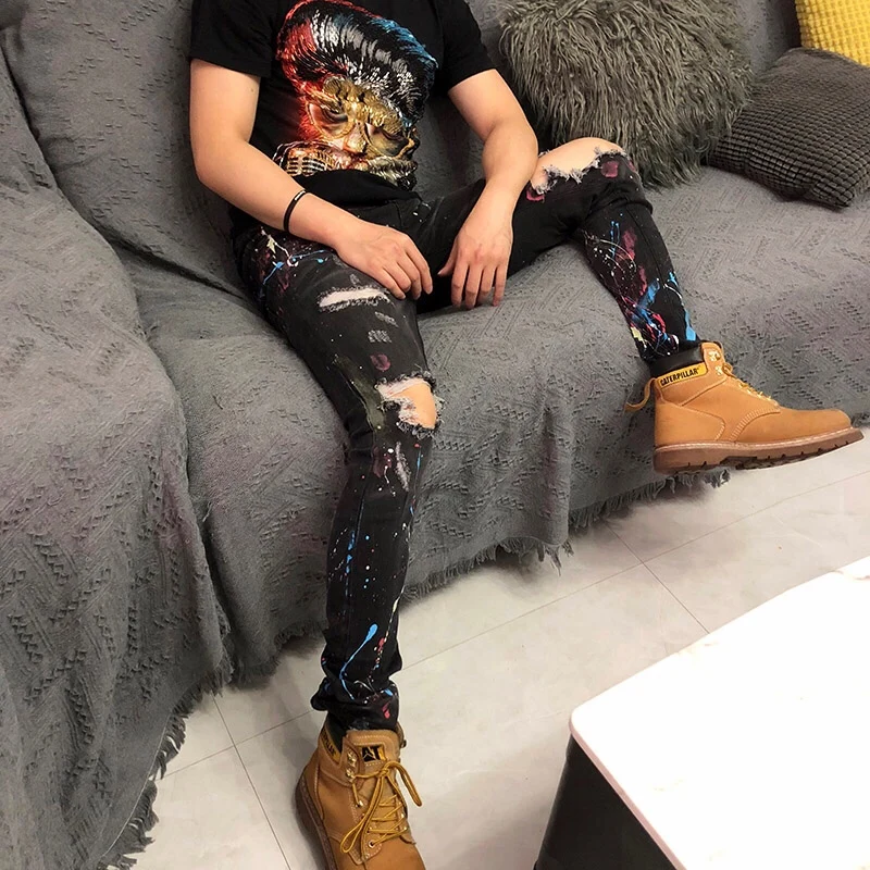Erkek Jean Pantolon 2020 Spring And Summer New Hole Splash Ink Paint Slim Jeans Men's High Street Popular Homme | Мужская одежда