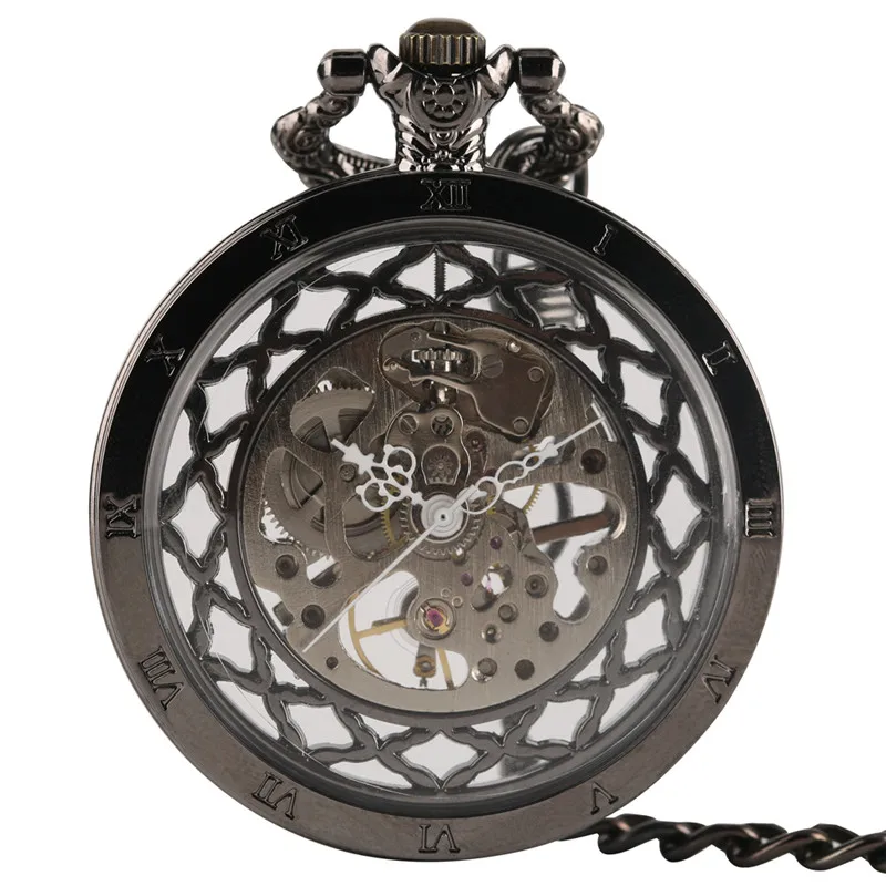Silver/Black/Bronze Vintage Open Face Pocket Watch Transparent Hand Wind Mechanical Clock for Men Women Retro Pendant Chain