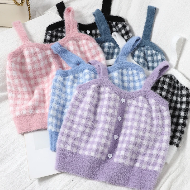 

Rings Diary Women Winter Clothes Small Fresh Base Plush Sling Contrast Color Checkered Breasted Knitted Vest Top