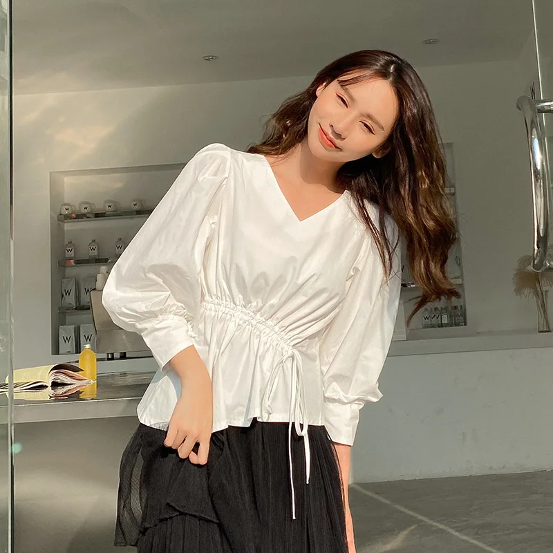 

Women Fashion Lace Up V Neck Blouse Korean Chic 3/4 Sleeve Casual Loose White Shirts Tops Woman Spring Summer Blusas