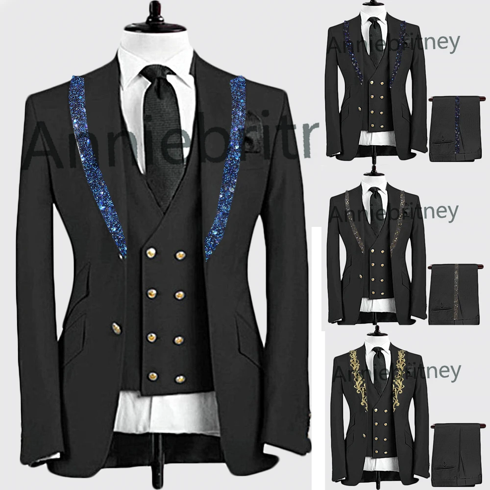 

(Куртка + брюки) Новое поступление роскошный черный мужской костюм специальный дизайн Мужское пальто из 2 предметов облегающее свадебное пл...