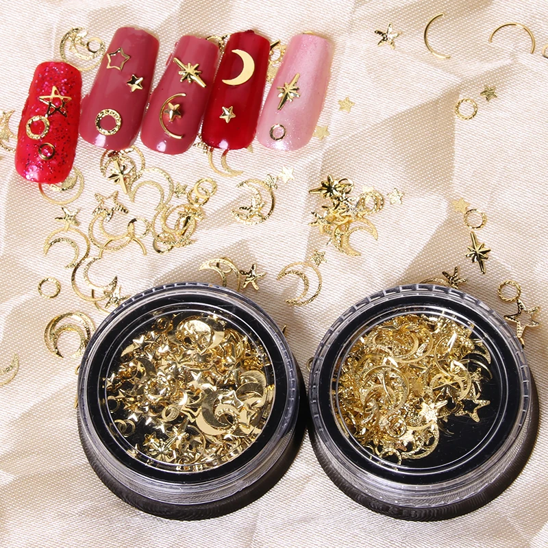 

SAUVOO 1 Box Moon Stars Nail Art Rivets Stud Multi Mental Decals DIY Tips Manicure Charms UV Gel 3D Nail Decorations Accessories