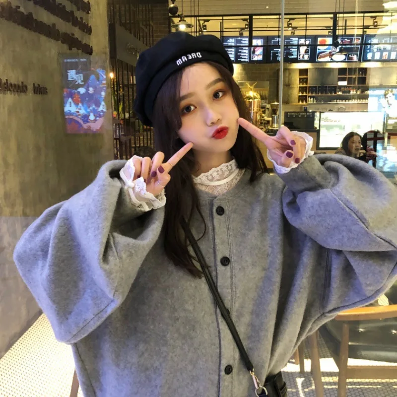 Осенняя женская зимняя Свободная куртка теплая Корейская Harajuku кнопка Готическая