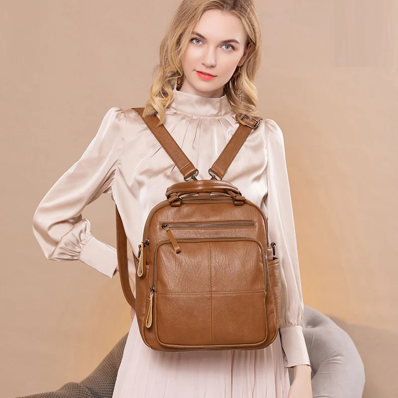 

MJ Women Leather Backpack Versatile Female Travel Bag Large Capacity Tote Fashion Teenage Girls Leather School Backpacks