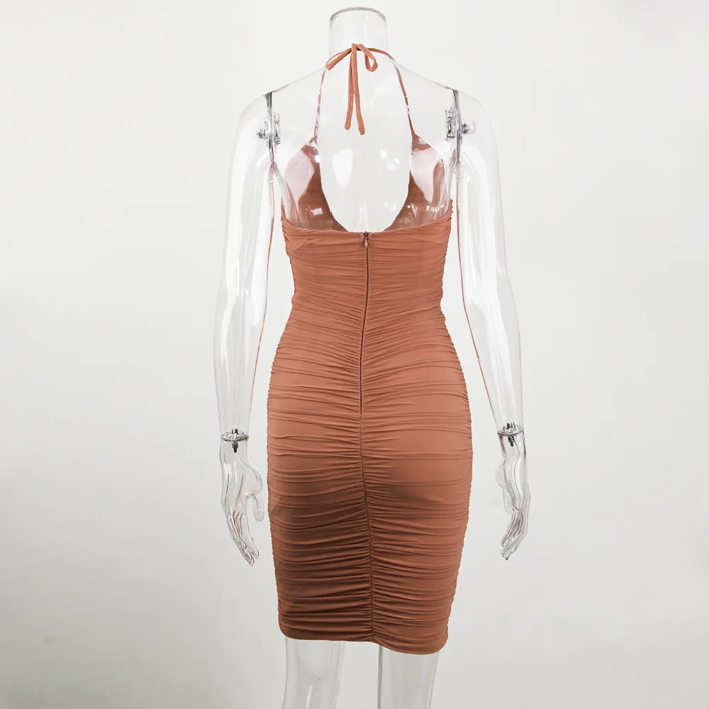 

Women Sexy Ruched Deep V Neck Bodycon Midi Dress Lace-up Halter Mesh Pleated Female Backless High Low Sheath Knee-length Dress