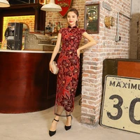 chinese style retro stand collar lace sequin banquet long dress 2020 spring fashion print sexy high split hem elegant cheongsa