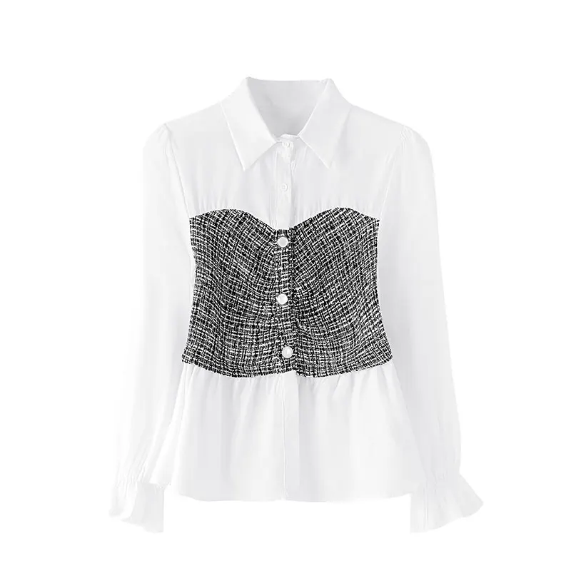 

2021 spring and autumn new retro pleated waist lapel shirt ruffled cardigan flared sleeve lining top women