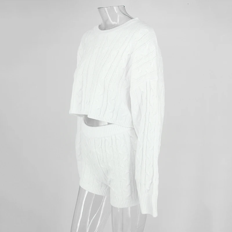 Fuedage Knitting Striped Two Piece Set Sweater Autumn O Neck Top And Short Pant Solid Long Sleeve 2 Piece Set Women Outfits