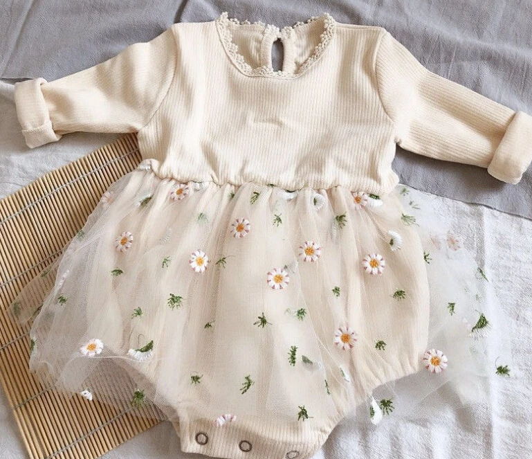 

2020 0-18M Baby Girl Fall Knit Romper Dress Cute Long Sleeve Crewneck Floral Tulle Tutu Dress for Fall Winter