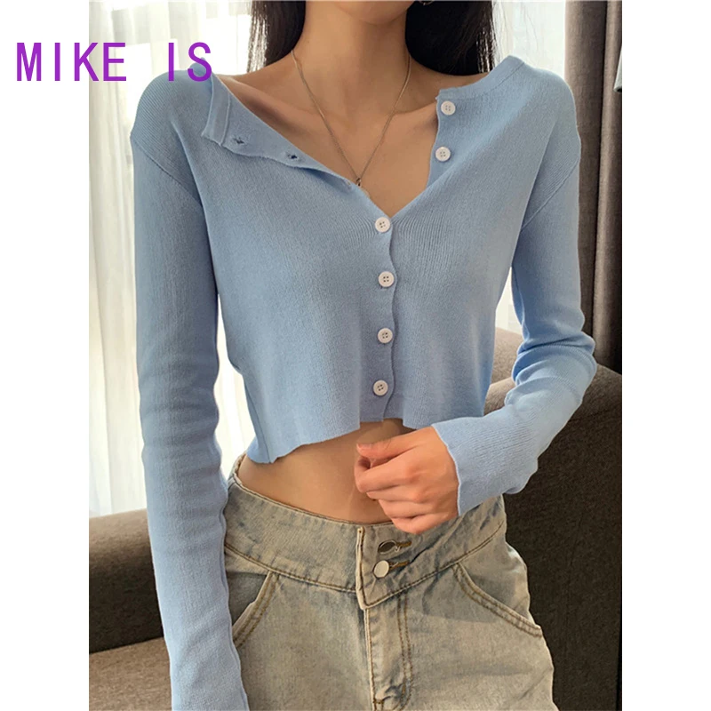 

Укороченные топы, пикантный женский хлопковый короткий кардиган до пупка, однобортный приталенный модный вязаный Топ, трикотажная одежда, ...